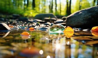 ai generado congelado agua en el bosque con hielo cubitos y guijarros temprano primavera paisaje foto