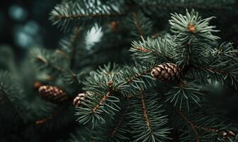 AI generated Spruce branches with cones and red berries. Blurred background. photo