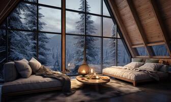 AI generated Cozy living room interior in winter with a large window overlooking the forest. photo