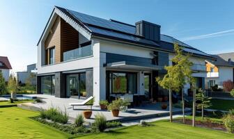 AI generated Modern house with solar panels installed on the roof. Modern house with solar panels installed on the roof. photo