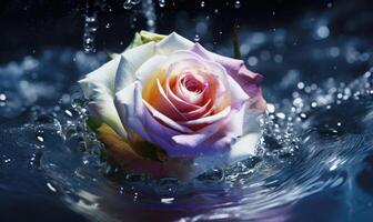 AI generated Beautiful rose in water, close-up. Floral background. Rainbow colored rose photo