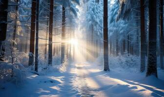 AI generated Snowy winter forest. Winter forest with trees covered with snow. photo