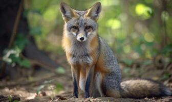 ai generado gris zorro sentado en un bosque en otoño, foto