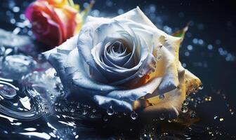 AI generated Beautiful white rose with water drops on dark background, closeup photo