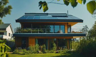 AI generated Modern house with solar panels installed on the roof. Modern house with solar panels installed on the roof. photo