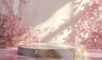 ai generado rosado mármol podio con sombra de hojas y Rosa cuarzo textura antecedentes foto
