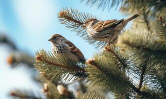 AI generated sparrows sitting on the spruce branch photo