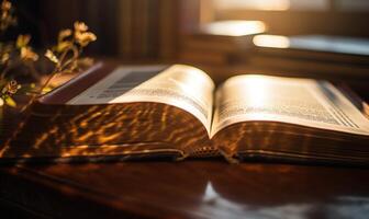 AI generated Open book on a wooden table, lit by the rays of the sun photo