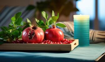 AI generated Hot chocolate with pomegranate and marshmallows on wooden background. photo