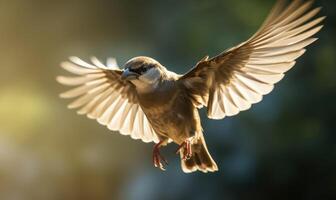 AI generated Close-up portrait of a sparrow in flight on a sunny day photo