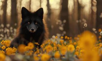 ai generado retrato de un hermosa negro zorro en el bosque con amarillo flores foto