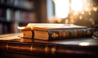 AI generated Open book on a wooden table, lit by the rays of the sun photo