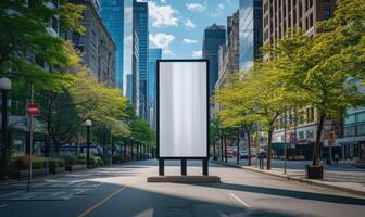 AI generated Blank street billboard on city street. Mock up of vertical advertising stand in the street photo