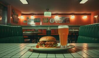 ai generado carne de vaca hamburguesa con francés papas fritas y un vaso de cerveza en un pub foto