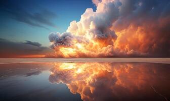 AI generated Dramatic sunset over the sea. Dramatic cloudscape. photo