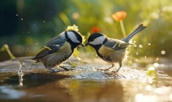 ai generado genial teta, parus importante, soltero pájaro en agua, Warwickshire foto