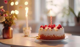 ai generado cumpleaños pastel con ardiente vela en mesa en habitación, de cerca foto