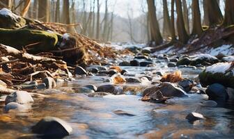 ai generado caído hojas en el hielo en el río en el invierno bosque foto