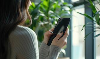 AI generated Woman using mobile phone in office. Close up of female hands holding smartphone. photo