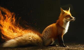 ai generado ardiente zorro en un negro antecedentes. fuego en el oscuro. fantasía animal, fuego elemento. foto