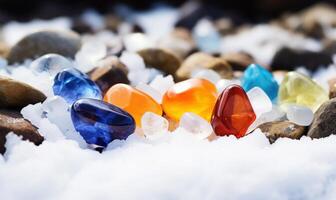 AI generated Colorful stones in the snow on the shore of the lake. photo