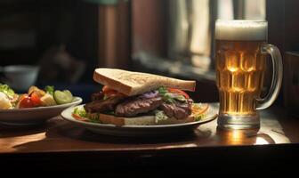 AI generated sandwich with beer on wooden table in pub, soft focus background photo