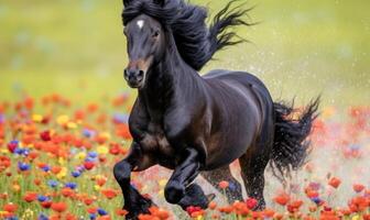 ai generado hermosa negro semental corriendo galope en campo de flores foto