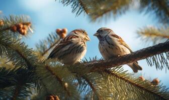 AI generated sparrows sitting on the spruce branch photo