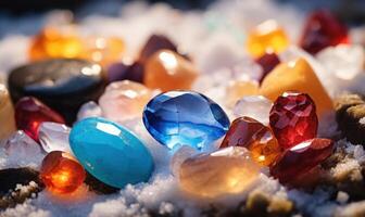 AI generated Colorful stones in the snow on the shore of the lake. photo