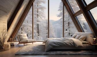 ai generado moderno dormitorio interior con un grande ventana con vista a el invierno bosque foto