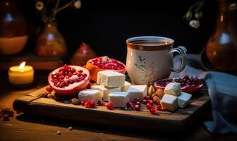 AI generated Hot chocolate with pomegranate and marshmallows on wooden background. photo