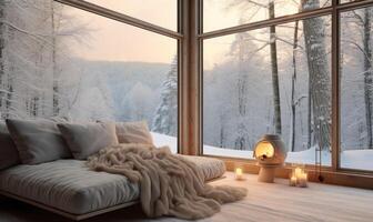 AI generated Cozy living room interior in winter with a large window overlooking the forest. photo