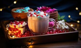 AI generated Hot chocolate with pomegranate and marshmallows on wooden background. photo