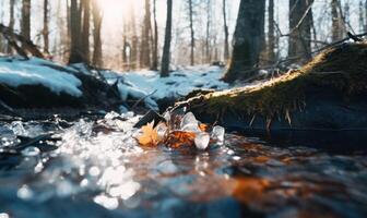 ai generado caído hojas en el hielo en el río en el invierno bosque foto