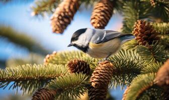 ai generado azul teta teta en un abeto rama con conos en el otoño bosque. foto