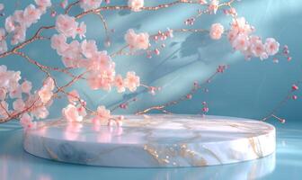 AI generated white marble podium with cherry blossom branch on blue background photo