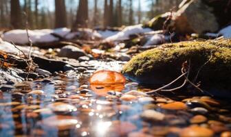 AI generated Fallen leaves in the ice on the river in the winter forest photo