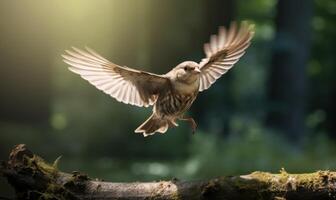 AI generated Close-up portrait of a sparrow in flight on a sunny day photo