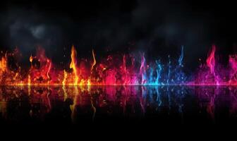 AI generated Fire flames on black background. Colorful fire flames with reflection on water. photo