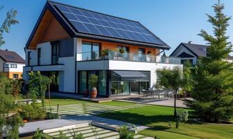 AI generated Modern house with solar panels installed on the roof. Modern house with solar panels installed on the roof. photo