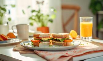 ai generado desayuno con emparedados y jugo en el mesa en el Mañana. foto