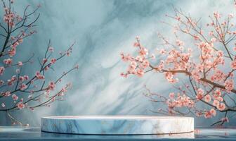 AI generated cherry blossom tree branches and marble on blue background photo