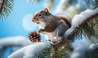 ai generado ardilla comiendo un pino cono en un Nevado rama con sus mullido cola foto