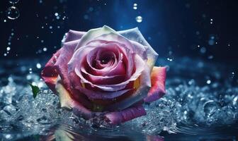 AI generated Beautiful rainbow colored rose in water with drops of water on dark background. photo