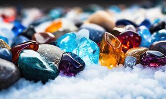 AI generated Colorful stones in the snow on the shore of the lake. photo