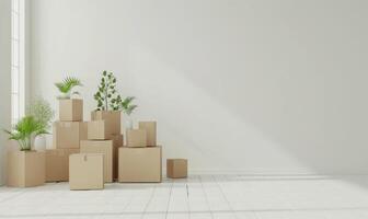 ai generado apilar de cartulina cajas en blanco habitación con luz de sol. espacio para texto. caja Bosquejo en blanco foto