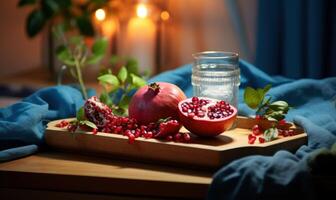 AI generated Ripe pomegranate and glass of water on wooden tray photo