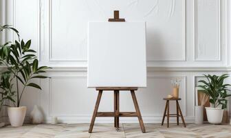 AI generated Wooden easel mockup with blank white canvas standing in lightful room with plants. photo