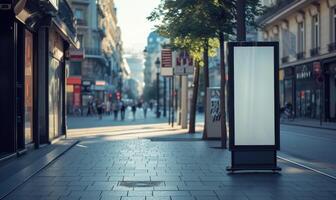 AI generated Blank street billboard on city street. Mock up of vertical advertising stand in the street photo