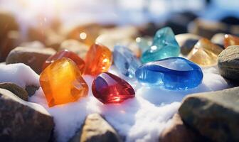AI generated Colorful stones in the snow on the shore of the lake. photo